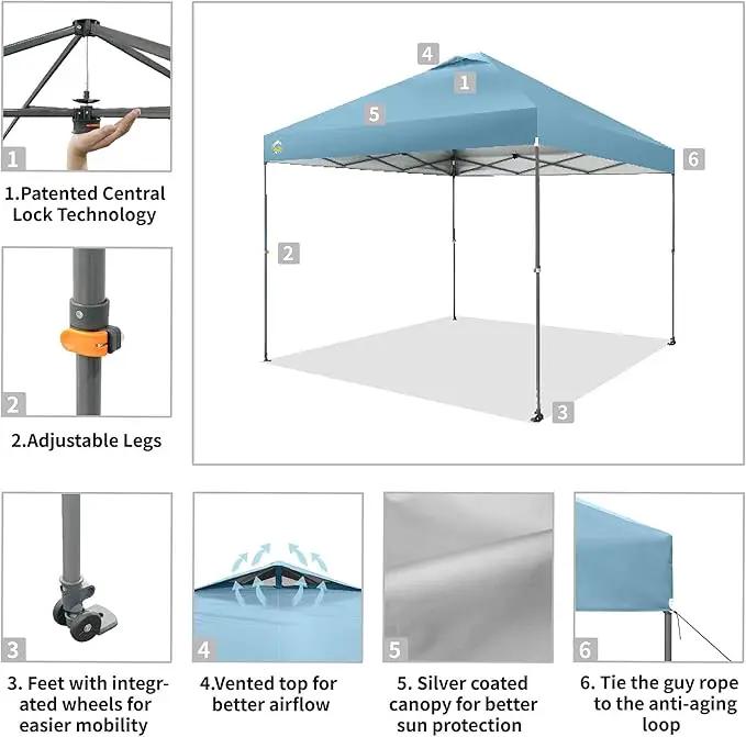CROWN SHADES Adjustable Height on The Fly, 10x10 Pop Up Canopy - Beach Tent with One Push Setup - Easy Outdoor Sun Shade for Events, Parties, Camping - Outside Shade with STO-N-Go Bag, Cyan Blue by GreenHaven Gardens