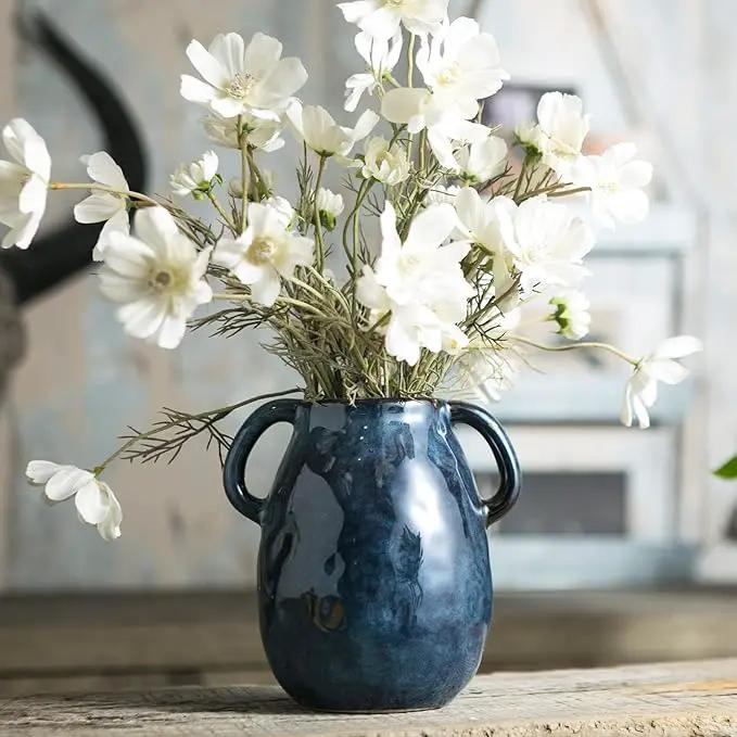 Blue Ceramic Vase with 2 Handles, Modern Farmhouse Decor, Rustic Terracotta Pottery, Decorative Flower Vases, Clay Small Vase, Centerpiece for Dining Table - 7 Inch Tall by GreenHaven Gardens