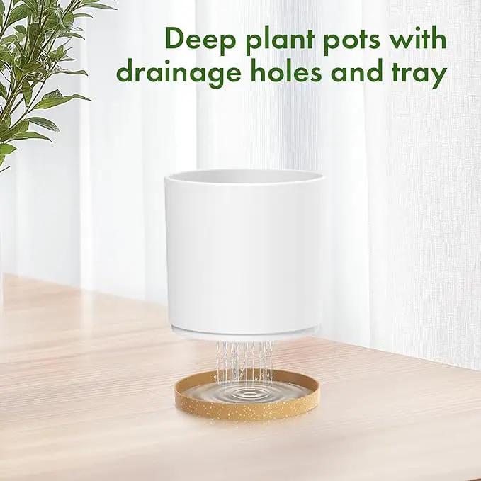10/8/6 inch Deep Plant Pots, 3 Pack Cylindrical Large Flower Pots for Outdoor Indoor Plants, Tall Plastic Planters with Drainage Holes and Saucers for Garden House Plants, White with Brown by GreenHaven Gardens