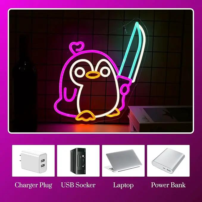 Penguin Neon Sign Dimmable Penguin Knife Neon Signs for Wall Decor LED USB Powered Cute Anime Neon Light Sign For Boys Bedroom Room Garden Party Restaurant Home Decoration Birthday Gifts by GreenHaven Gardens