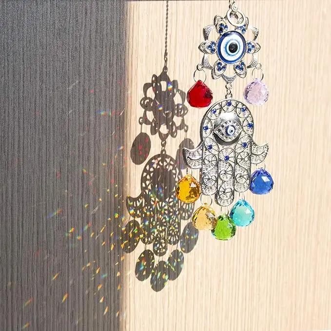 Hamsa Hand with Blue Evil Eye Protection Hanging Crystal Ornament with Chakra Energy Crystal Balls by GreenHaven Gardens