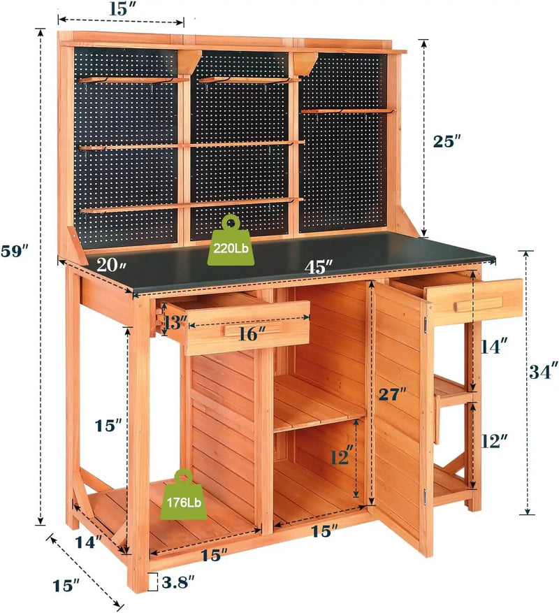 Outdoor Potting Bench,Wooden Potting Table with Metal Tabletop,Garden Work Bench with Drawer and Free Matching Storage Cabinet Shelf/Hooks for Backyard,Patio,Greenhouse (Black, 40 * 59 * 20in) by GreenHaven Gardens