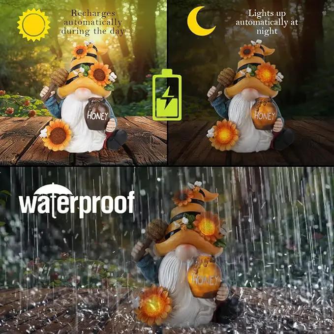 Hodao Spring Resin Garden Bumble Bee Themed Gnome Decorations-Solar-Powered Radiance-Honey Gnomes World Day Gifts Summer Lawn Garden Porch Sculptures & Statues Decorations by GreenHaven Gardens