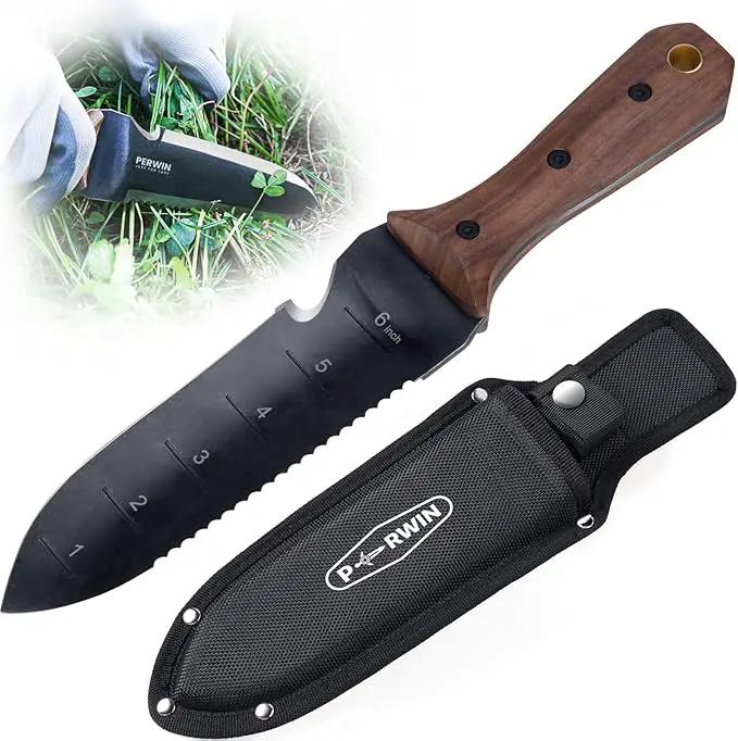 Hori Hori Garden Knife, Garden Tools with Sheath for Weeding,Planting,Digging, 7" Stainless Steel Blade with Cutting Edge, Full-Tang Wood Handle with Hanging Hole by GreenHaven Gardens