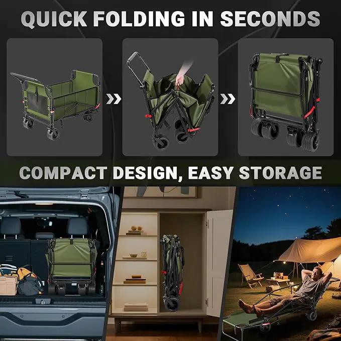 LEVELEVE Heavy Duty Folding Wagon - 2-in-1 Collapsible Cart, 650lb Capacity, All-Terrain Wheels w/Brakes & Side Pockets (Army Green) by GreenHaven Gardens