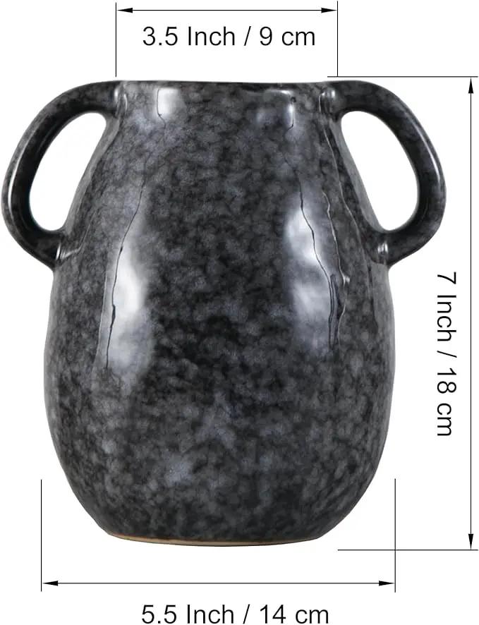 Black Ceramic Vase with 2 Handles, Modern Farmhouse Decor, Rustic Terracotta Pottery, Decorative Flower Vases, Clay Small Vase, Centerpiece for Dining Table - 7 Inch Tall by GreenHaven Gardens