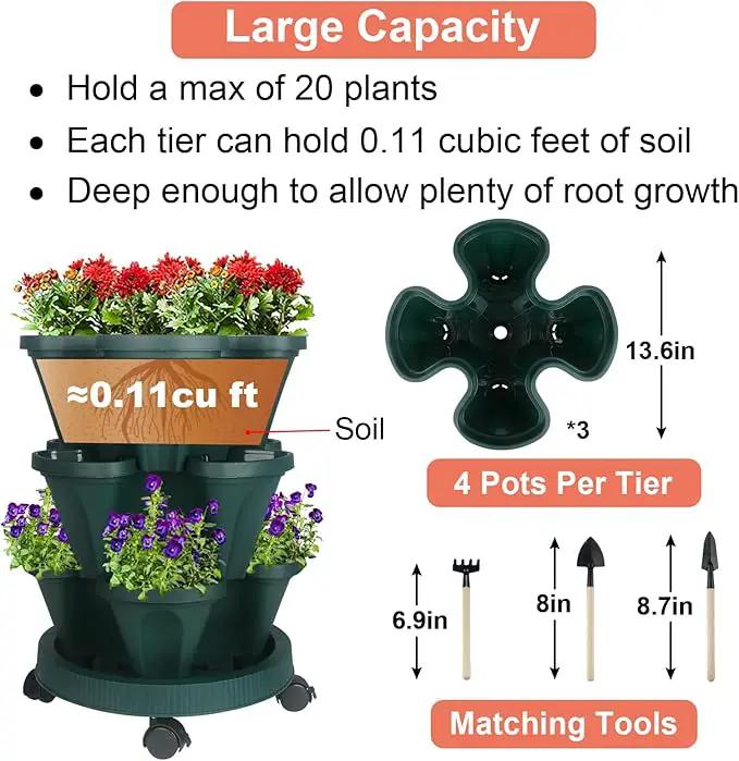 Vertical Planter 3 Tier Stackable Planters Garden Planters Strawberry Herb Flower and Vegetable Planter Indoor Outdoor Gardening Pots with Removable Wheels and Tools by GreenHaven Gardens