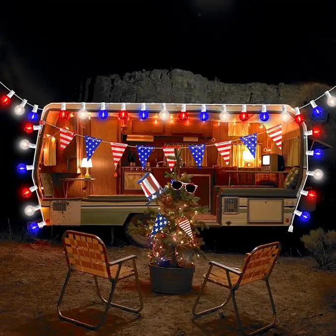 G40 LED Red White and Blue Lights, 27.8 FT 4th of July Lights Plug in with 25+3 Bulbs, Patriotic Decorations Outdoor String Light for Memorial Day Independence Day Patio Garden Backyard Bistro Decor by GreenHaven Gardens