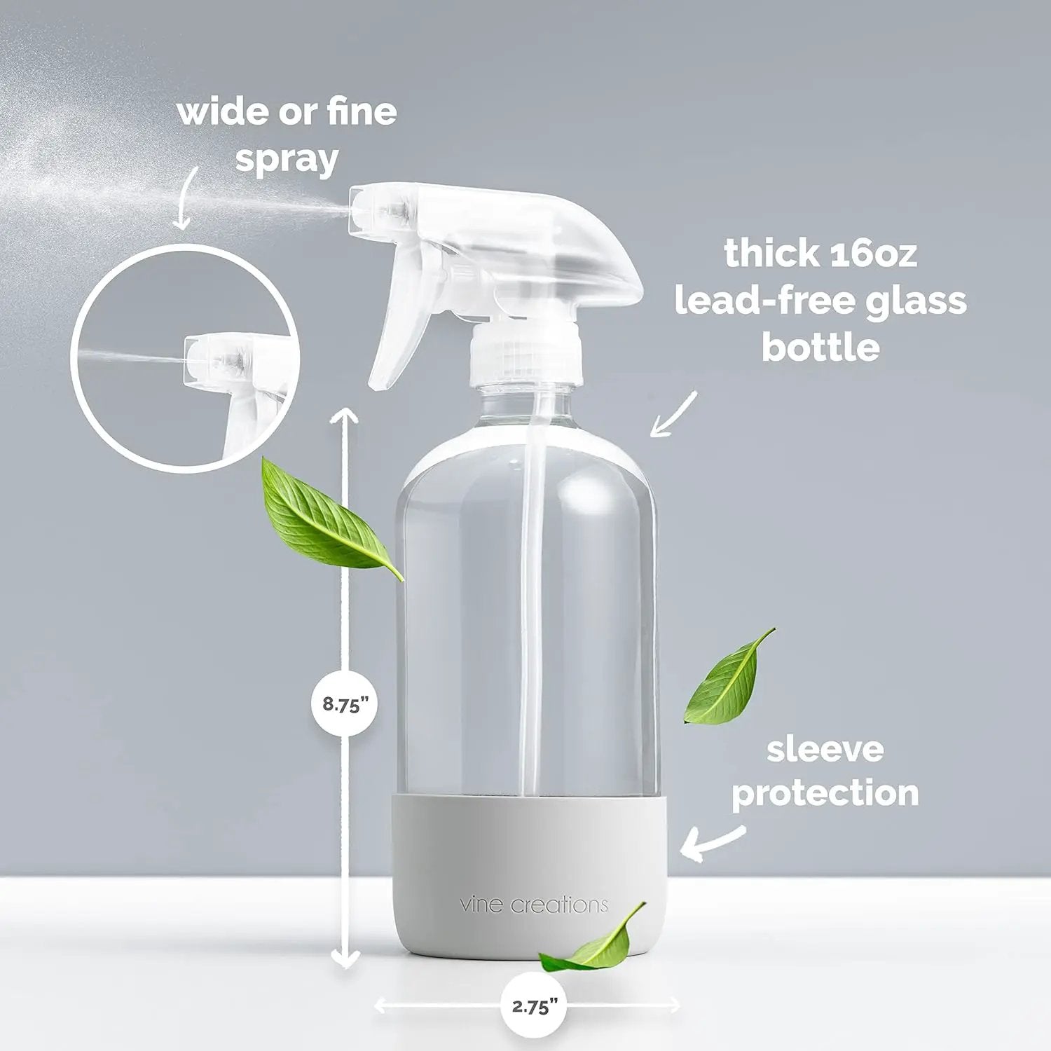 Vine Creations Glass Spray Bottles for Cleaning Solutions, Clear Glass Spray Bottle with Silicone Sleeve, 16 oz Empty Spray Bottles for Cleaning, Plant Spray Bottle, Mist and Stream Nozzle - 2 Pack by GreenHaven Gardens