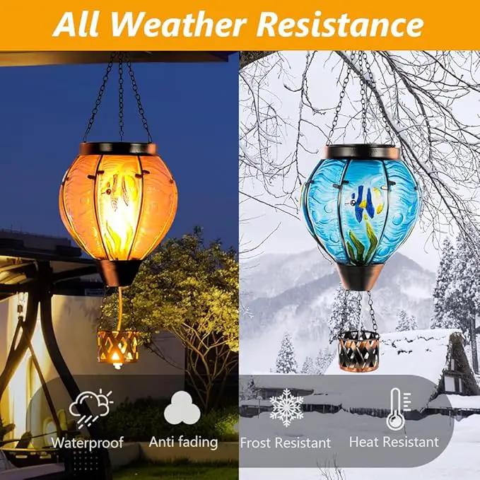 Blue Fish Hot Air Balloon Solar Lantern with Flickering Flame Light,Glass Hanging Solar Lanterns Outdoor Waterproof,Hot Air Balloon Decorative Lights for Patio Yard Porch Garden Gift for Women by GreenHaven Gardens