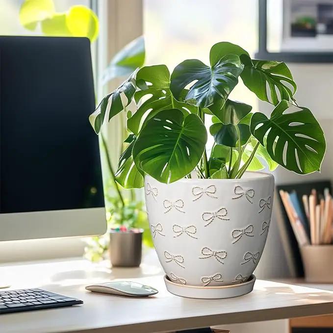 Ceramic Pots for Plants - 8 Inch Plant Pot with Drainage Hole and Saucer Large Planter Pot for Indoor Plants Outdoor Modern Flower Pot Home Decor White by GreenHaven Gardens