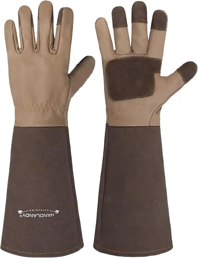 HANDLANDY Long Gardening Gloves for Men & Women, Cowhide Leather Rose Pruning Gloves- Breathable & Durable Gauntlet Glove (Small, Brown) by GreenHaven Gardens