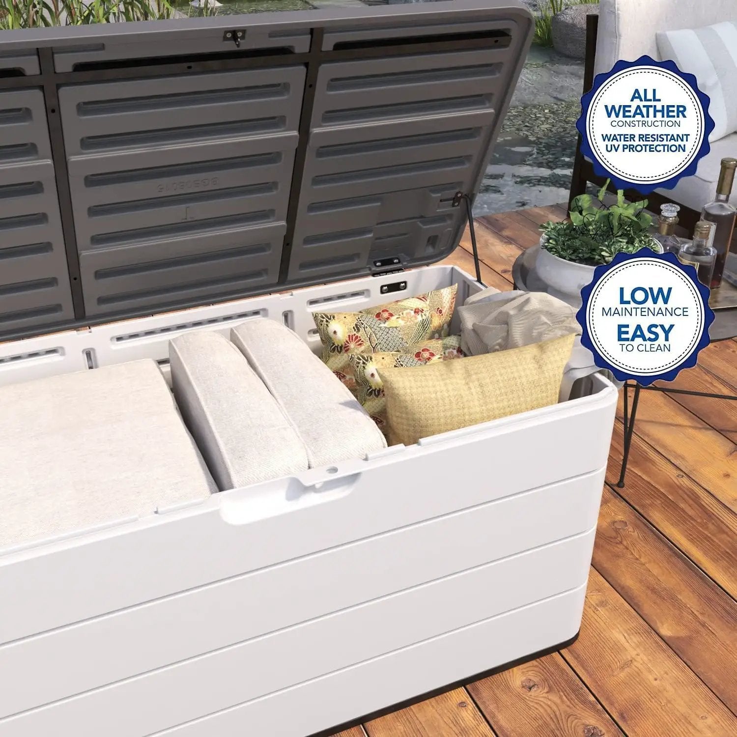 100 GAL Resin Deck Box - Lockable Waterproof Outdoor Storage Bench for Patio Cushions, Garden Tools & Pool Accessories - Wood-Look Texture, White by GreenHaven Gardens