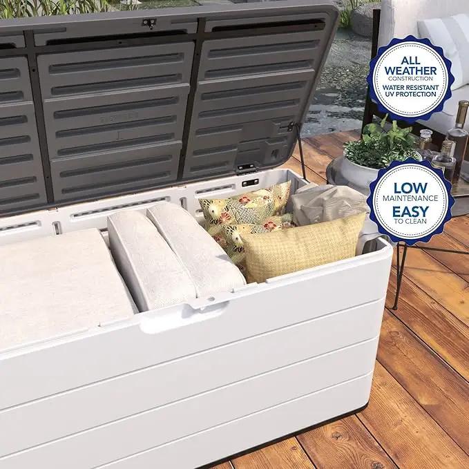 Heavy-Duty 100 Gallon Outdoor Storage Box - Waterproof Deck Box & Large Storage Bin for Patio/Pool, All-Weather Resin Chest with Lock, UV-Resistant, Alpine White by GreenHaven Gardens