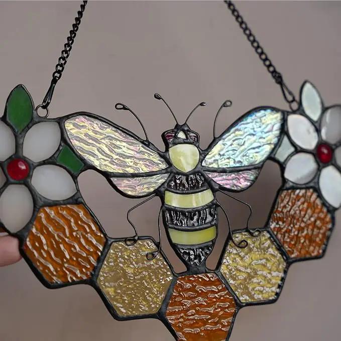 Bee Decor Stained Glass Window Hanging,Honeybee Honeycomb with Flowers Suncatcher for Window,Wall Art Ornaments,Birthday Gifts for Women,Friends,Housewarming Gift by GreenHaven Gardens