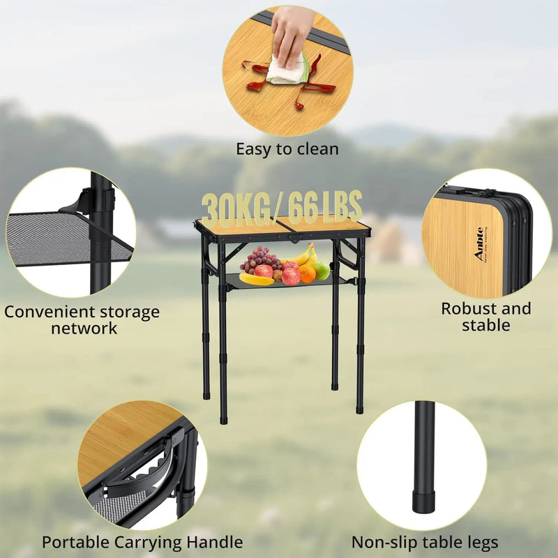 2ft Camping Table Foldable with Storage Net, 3 Adjustable Heights Aluminum Small Folding Table, Lightweight, Portable Handle, for Travel Outdoor Beach Camping Picnic, 23.2" x 16", Yellow by GreenHaven Gardens