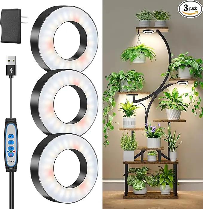 Wiaxulay Grow Lights for Indoor Plants, 144 LEDs Full Spectrum LED Plant Grow Light, 5V/3A Under Cabinet Grow Lamp with Auto Timer 6/12/16 Hrs, 3 Lighting Mode, 5 Brightness Levels, Tri Head (3.5in) by GreenHaven Gardens