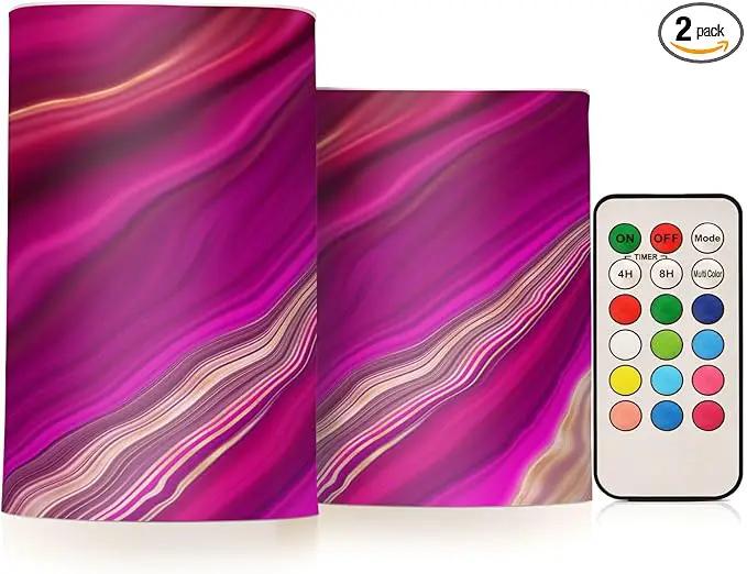 Flickering Flameless Candles, Fuchsia Gold Fluid Marble LED Candles with Remote Timer, Set of 2 Battery Operated Candle for Valentine Wedding Birthday by GreenHaven Gardens