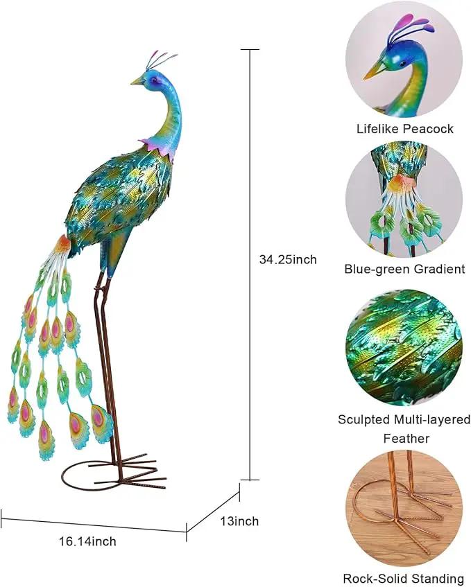 YEAHOME Garden Decor Outdoor Statues, 34" Large Metal Peacock Standing Yard Art, Blue Green Bird Lawn Sculptures Garden Decor for Outside Patio Porch Backyard by GreenHaven Gardens