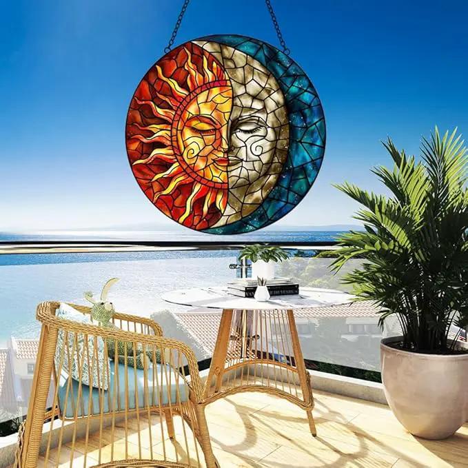 Sun and Moon Suncatcher Stained Glass Window Hanging - Handmade Stain Glass Suncatchers with Chain - Sun Catchers Indoor Window Glass Panel for Home Decor Garden Thanksgiving Valentines Day Gifts by GreenHaven Gardens