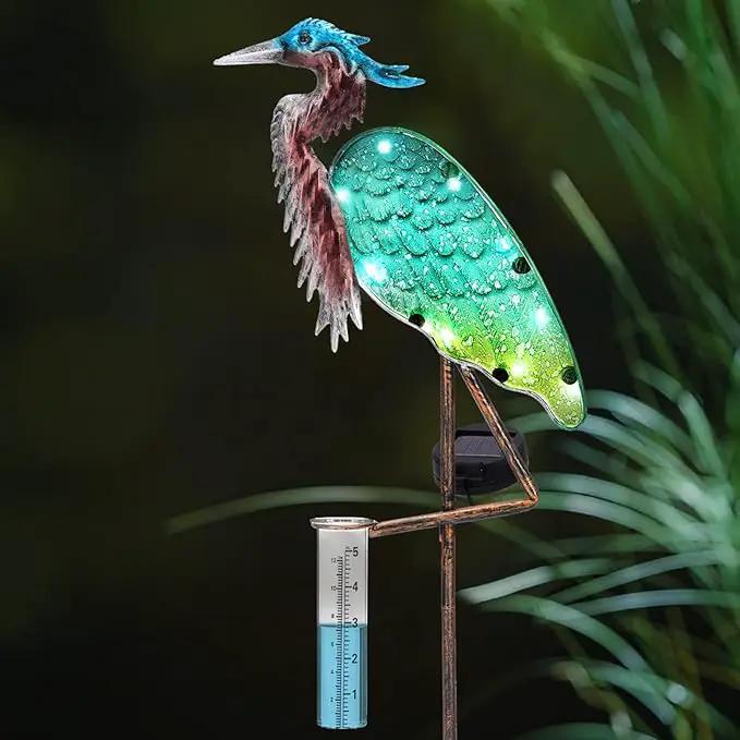 Heron Rain Gauge Solar Stake Outdoor, 43’’ Solar Rain Gauge LED Lights with Rainfall Gauge for Garden, Yard, Lawn, Pathway, Patio by GreenHaven Gardens