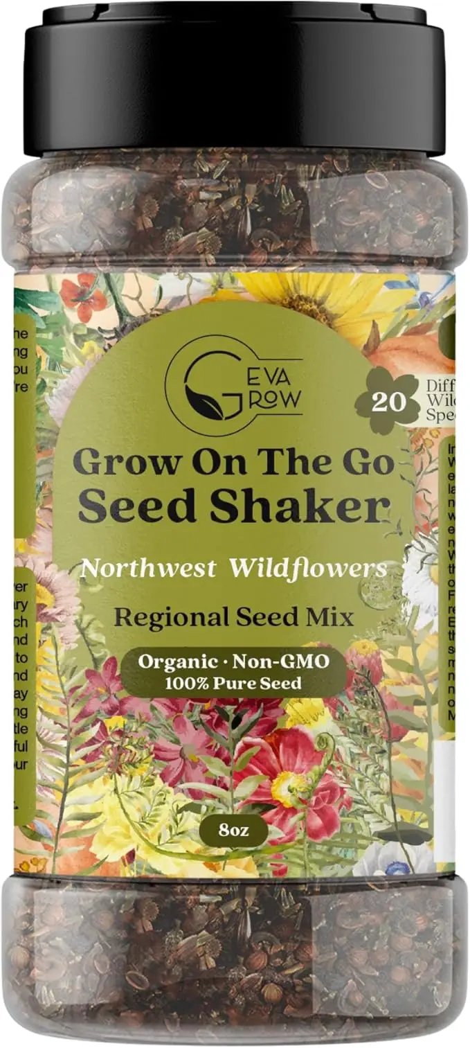 Geva Grow on The Go Seed Shaker - Northwest Wildflower Seeds Regional Mix - Organic, Non-GMO - 100% Pure Seed - 20 Different Wildflowers Seeds of Annual and Perennial, 8oz by GreenHaven Gardens