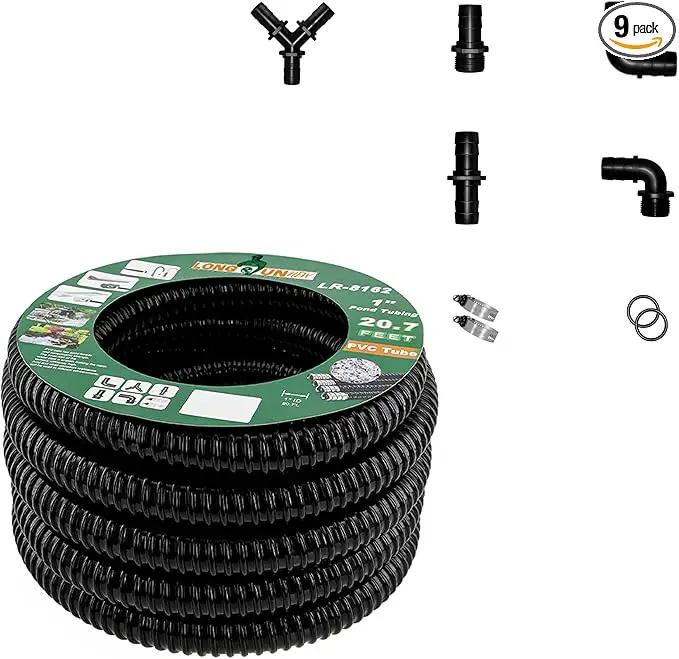 1" Dia. Corrugated Pond Tubing 1-Inch ID, 20.6 FT Length, Black PVC Kinkproof Strong Flex Tubing with Pipe Fittings, Aquarium, Pond Waterfall, Garden Pond Pump Drainage Tube by GreenHaven Gardens
