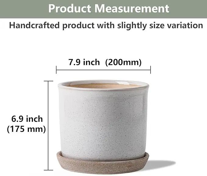 8 Inch Plant Pot: Ceramic Planter with Drainage Hole & Saucer - Cylinder Round Flowerpot for Indoor & Outdoor Plants - with Separate Tray for Home & Office - Retro Style, Grey by GreenHaven Gardens