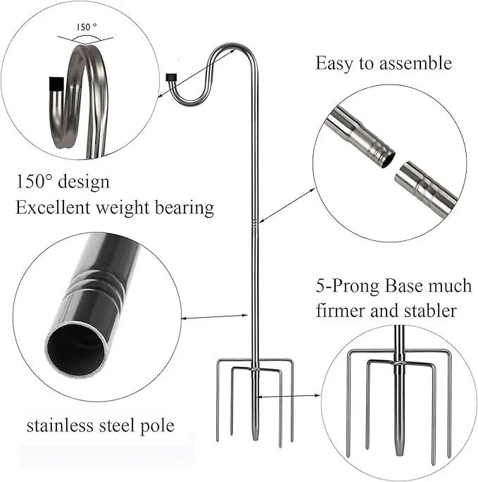 Shepherds Hook for Outdoor, 94 Inch Tall & 5/8 Inch Diameter Stainless Steel Heavy Duty Poles to Hang Outdoor Lights with 5 Prongs Base, Suitable for Bird Feeders or Wedding Decors(1pack) by GreenHaven Gardens