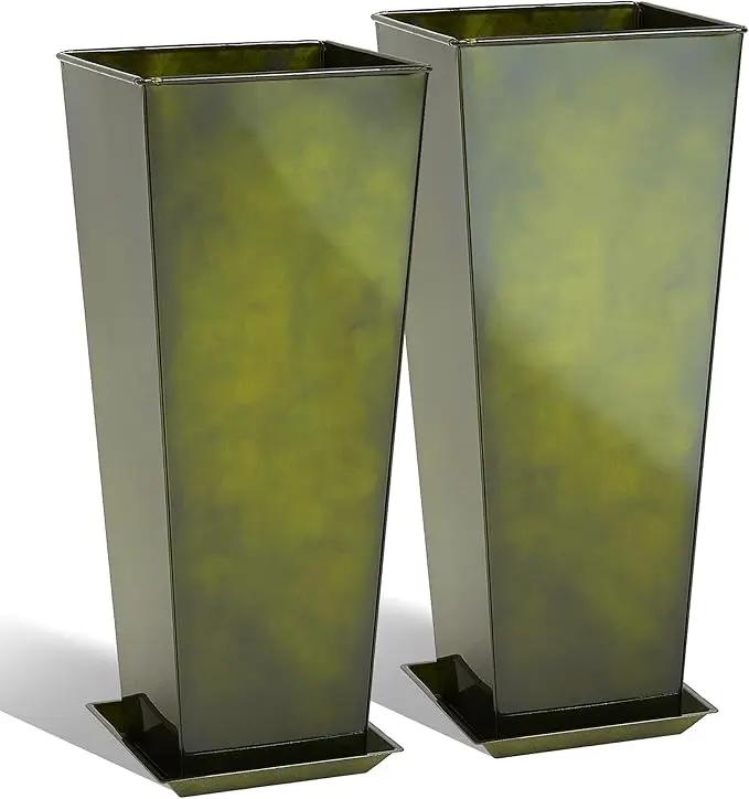 KOL 28''H. Tall Metal Planter with Saucer, Galvanized Steel Glazed Planter Pots with Drainage Hole for Indoor & Outdoor Use, Set of 2, Decorative Flower Plant Pots for Front Porch, Patio, Deck - Green by GreenHaven Gardens