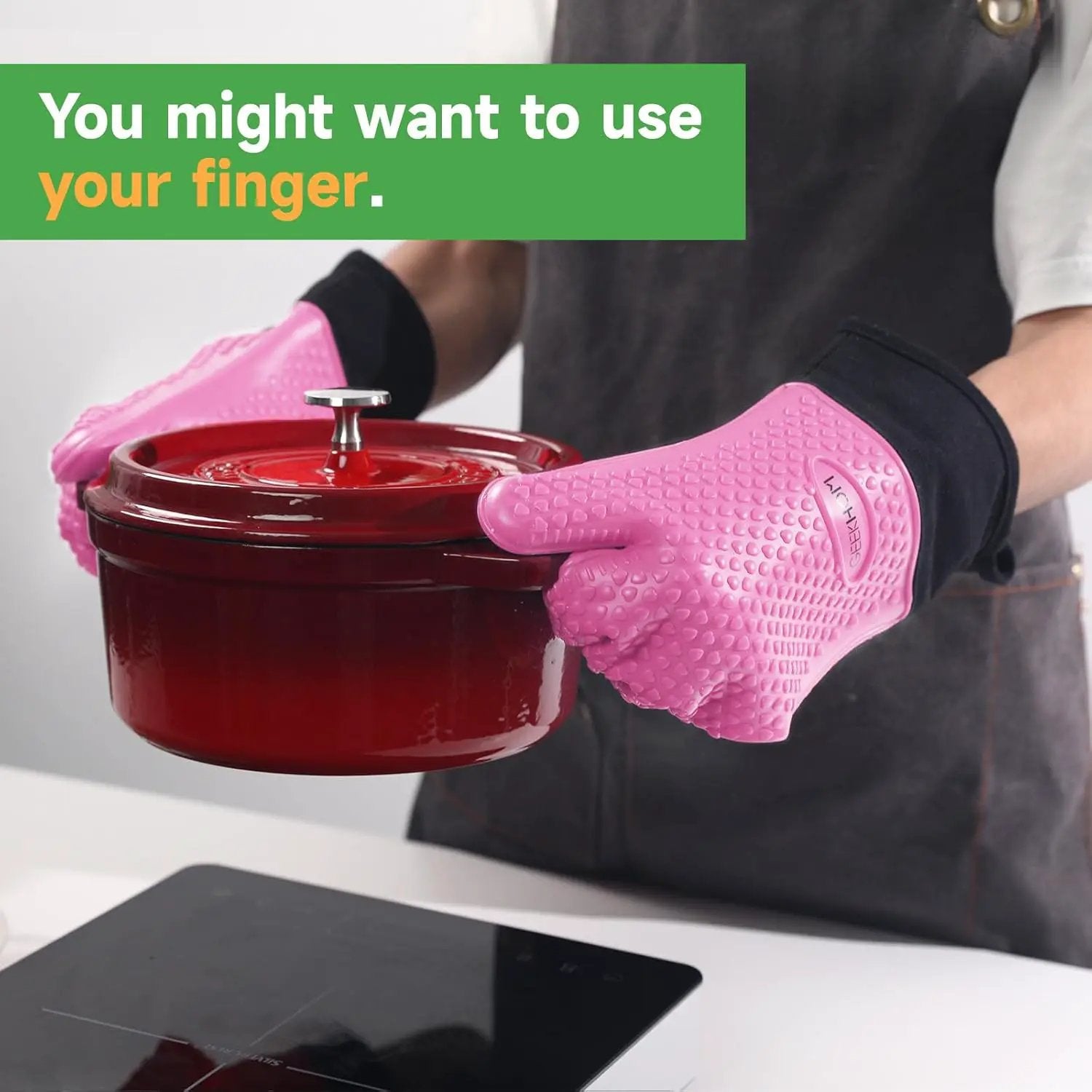 GEEKHOM BBQ Gloves Heat Resistant Oven Mitts - Silicone Grilling Gloves with 13.7" Arm Protection - Waterproof Pot Holder Non-Slip for Men & Women, Kitchen Outdoor Cooking, Baking, Camping, Pink by GreenHaven Gardens