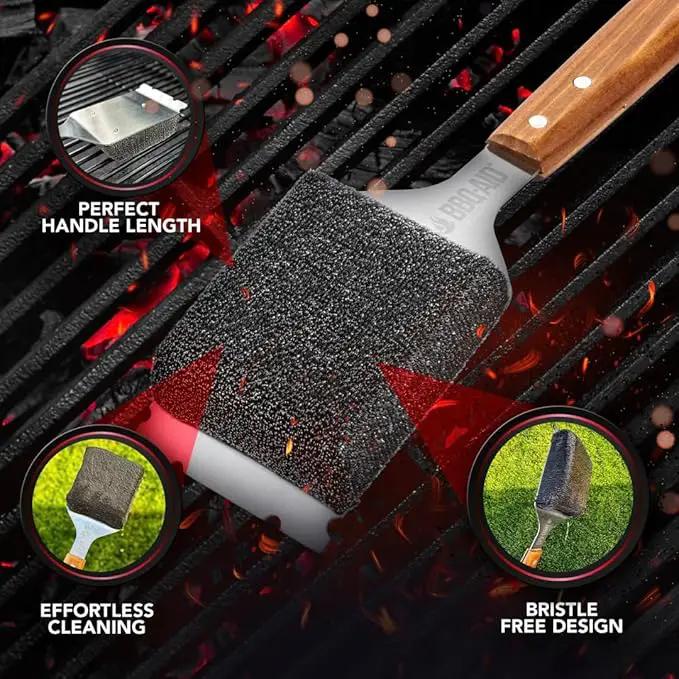 BBQ-AID Bristle Free Grill Brush and Scraper for Barbecue - Extended Large Wooden Handle With Replaceable Head - No Scratch BBQ Cleaning Accessories for Outdoor Grills by GreenHaven Gardens