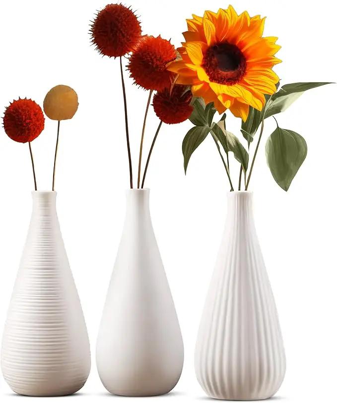 White Vases Home Decor Modern Ceramic Decorative Vases for Home Decor, Flower Vases & Centerpiece, Minimalist Design Set of 3 by GreenHaven Gardens