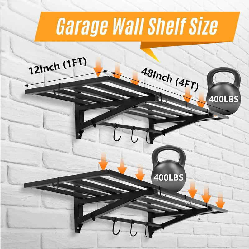 2-Pack 1X4 FT Garage Shelving Wall Mounted Holds Up to 800 Lbs Heavy Duty Wall Shelf, Black Metal Floating Adjustable Wall System Shelves for Garage Storage, Shed by GreenHaven Gardens