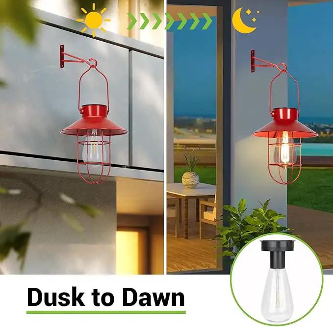 pearlstar Solar Lanterns Outdoor Christmas Metal Solar Powered Hanging Lights Waterproof for Wall Barn Yard Garden Patio Garage Balcony Porch Fence Decor, Warm White Edison Bulb (Red-2pack) by GreenHaven Gardens