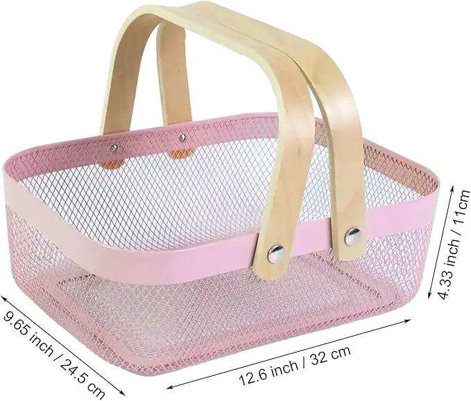 Metal Mesh Steel Basket, Storage Organizer Basket Garden Harvest Basket Multi-functional Kitchen Fruit Baskets Bin with Wooden Handle for Bathroom Picnic Shopping Decor Cabinet Home, Pink by GreenHaven Gardens