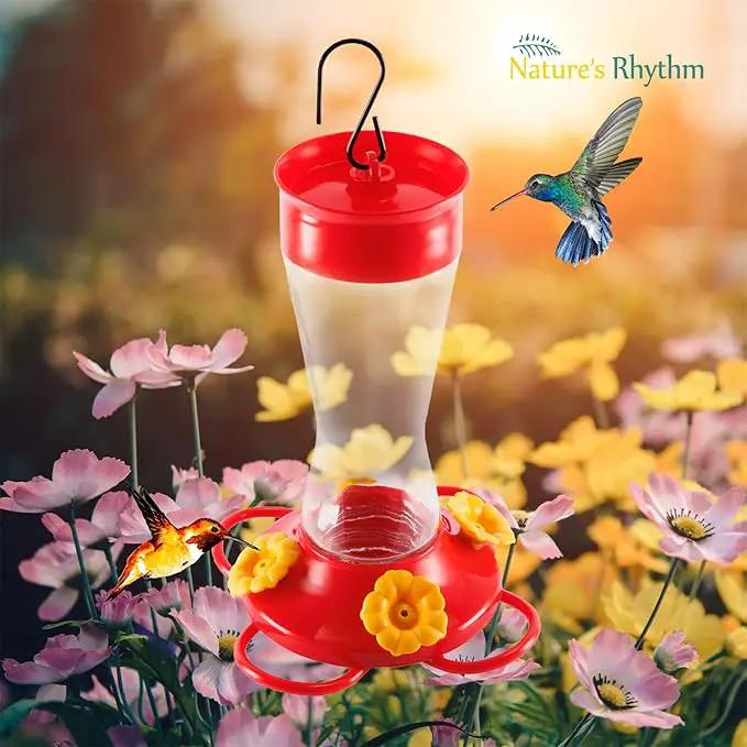 Nature's Rhythm Bird Feeder 4 bee Guard Plastic Yellow Flowers Feeding Port 8oz Glass Pinch Waist Hummingbird Feeder (2Pcs) by GreenHaven Gardens