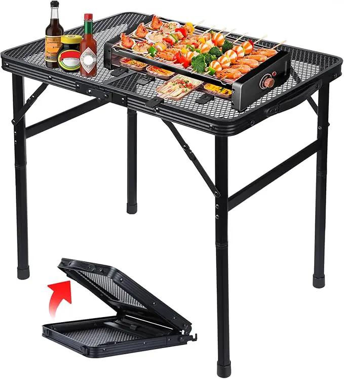 Folding Grill Table Metal Portable Camping Table with Mesh Desktop Lightweight & Foldable Height Adjustable Black Picnic Table for RV, BBQ Outside Inside by GreenHaven Gardens