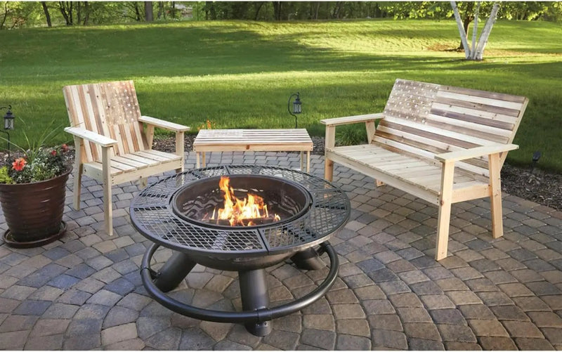 Castlecreek 47" Fire Pit BBQ Grill Outdoor Wood Burning Steel Log Firepit for Camping, Grilling, Smores, Yard, Cooking Outside, Barbecue, Bonfire Flag by GreenHaven Gardens