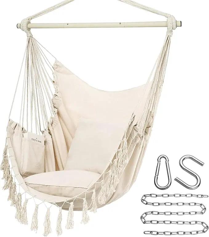Y- STOP Hammock Chair Hanging Rope Swing, Max 500 Lbs, 2 Cushions Included, Large Macrame Hanging Chair with Pocket for Superior Comfort, with Hardware Kit (Beige) by GreenHaven Gardens