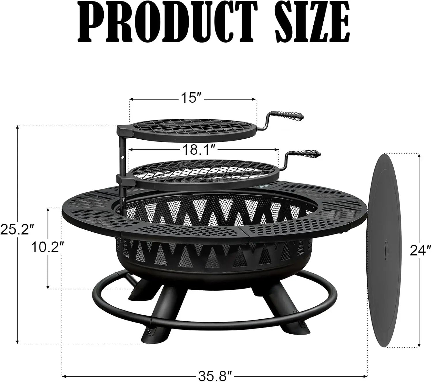 36 Inch Fire Pit with 2 Grills, Large Outdoor Firepits for Outside, Wood Burning Fireplace for Camping,Picnic,Bonfire, 3-in-1 Round Metal Table with Lid for Backyard,Patio,Party by GreenHaven Gardens