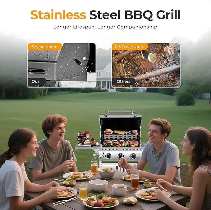 R.W.FLAME Stainless Steel Propane Gas Grill, 3 Burner 24000BTU BBQ Grills, Foldable Side Table, Enamel Wire Grate, Removable Grease Tray, Barbecue Grill for Outdoor Cooking, Backyard, Patio, Deck by GreenHaven Gardens