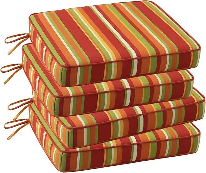 Outdoor Square Corner Seat Cushion, 18.5"x16"x3", Set of 4, Non Slip Seat Cushion Pads with Removable Cover for Patio Furniture, Garden Yard Lawn, Rainbow Stripe by GreenHaven Gardens