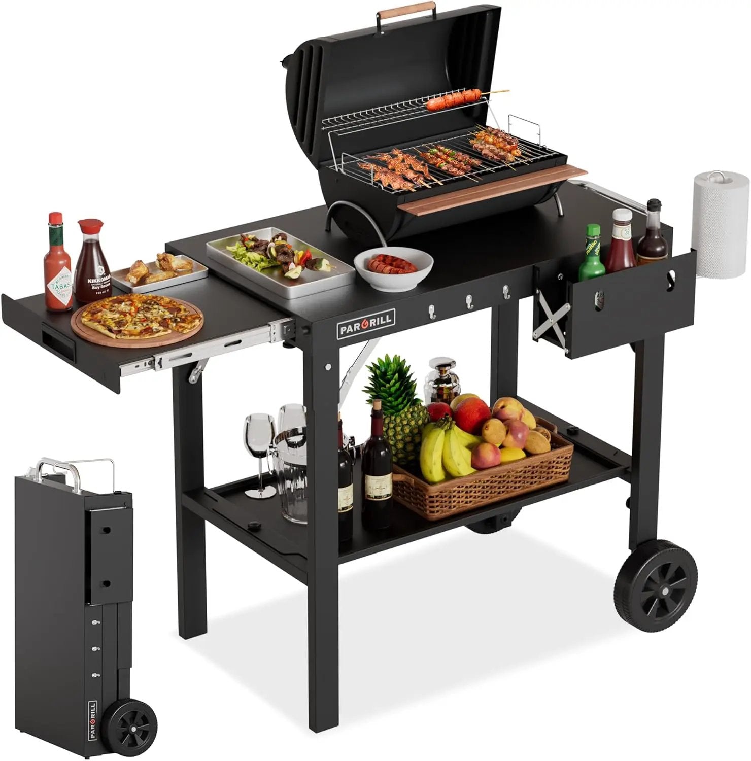 Outdoor Grill Table, Folding Grill Cart with Pull-out Side Table, Blackstone Griddle Stand, Fit 17 Inch Or 22 Inch, Stainless Steel BBQ Prep Station, Pizza Oven Stand by GreenHaven Gardens