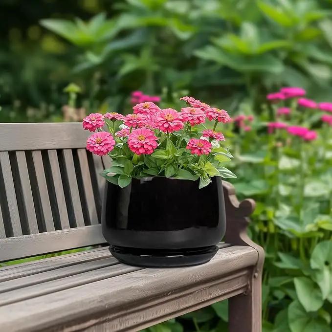 G EPGardening Ceramic Planter 7 Inch - Ceramic Pot for Plants with Drainage and Saucer, Round Plant Pots, Modern Indoor Outdoor Planter, Home Decor, Garden Gifts, Black by GreenHaven Gardens