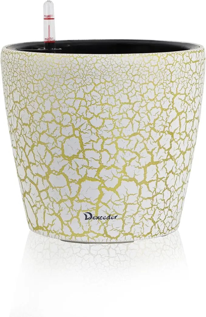 Dexceder 11x10 Inches Self Watering Planter Indoor Outdoor, Inner Pot Design, Thickened Table Flower Plant Pot with Water Level Indicator (White Gold Crackle) by GreenHaven Gardens
