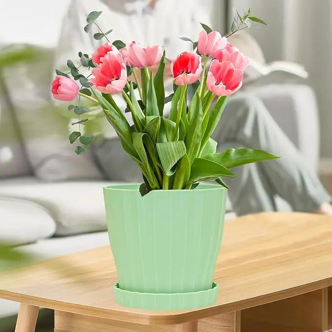 5 Pack Flower Pots for Indoor Plants, 6 inch Plant Pots Outdoor Planters for Porch Garden Office Home Decorative Holiday with Drainage Holes and Saucers, Plastic Planter Nursery Pots Green by GreenHaven Gardens