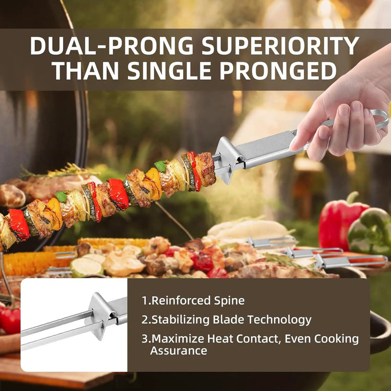 13inch 12(packs) Double Fork Flat Stainless Steel BBQ Skewers with Push Bar, Reusable Skewers for Grilling Kabob Skewer for Meat, Vegetable, BBQ Accessories by GreenHaven Gardens