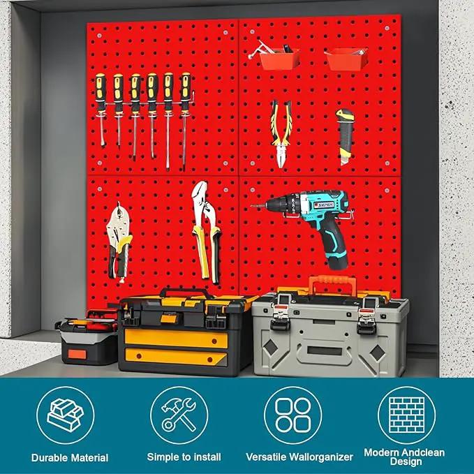 4 Pack Steel Peg Board,Universal 1/8 and 1/4 Pegboard Accessories,Ideal for Garage Tool Storage, Office Organization, Craft Room, Kitchen etc. (Red, 4-12X12)