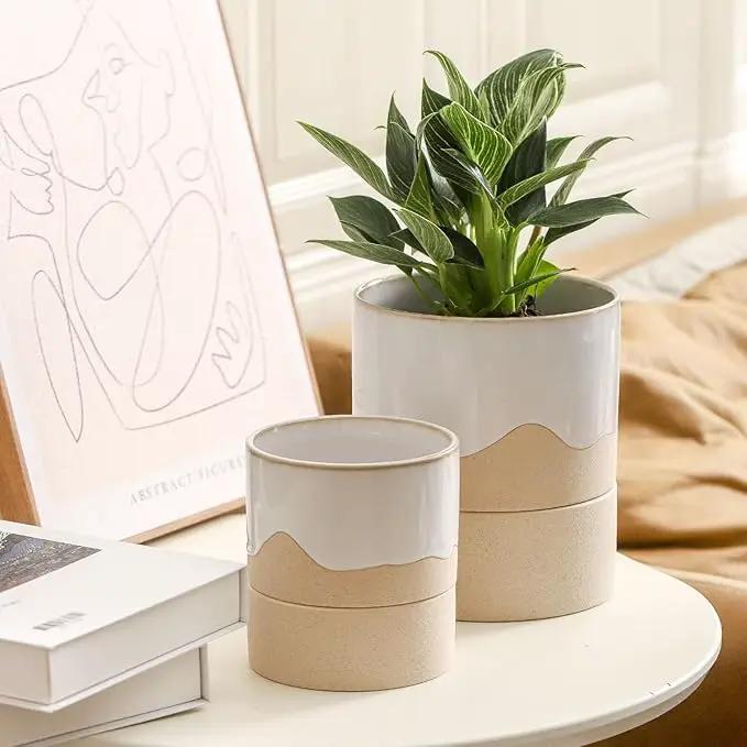 Nihow Self Watering Plant Pot for Indoor Plants: 4.5+6 Inch Ceramic Planter with Drainage Hole & Water Storage Plus - Cylinder Flower Pot with Wick for Herbs -White & Nature by GreenHaven Gardens